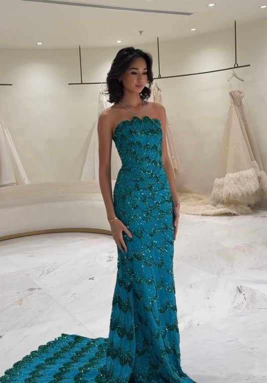 Robe de bal élégante à paillettes bleues, sans bretelles, tenue de soirée pour 22e anniversaire, 18e anniversaire, DH1584