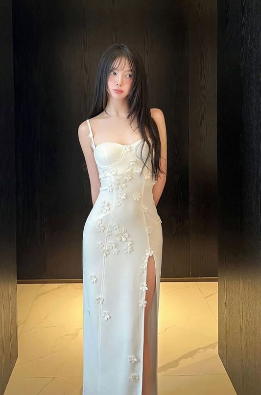 Robe de soirée élégante en satin ivoire à bretelles spaghetti, tenue d'été pour 22e anniversaire, 18e anniversaire, DH1585
