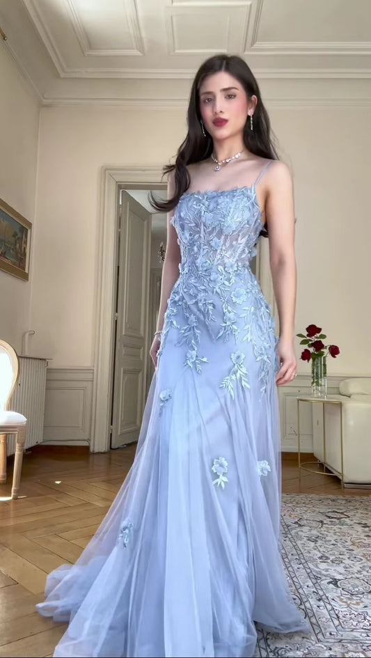 Robe de soirée élégante en tulle bleu à bretelles spaghetti, tenue d'été pour 22e anniversaire, 18e anniversaire, DH1587