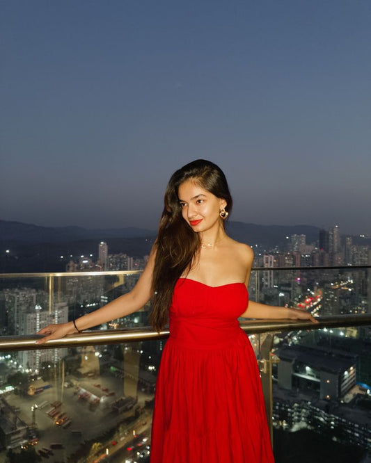 Robe de bal longue en mousseline de soie rouge, élégante, coupe trapèze, décolleté en cœur, tenue d'été pour 22e anniversaire, 18e anniversaire, DH1590