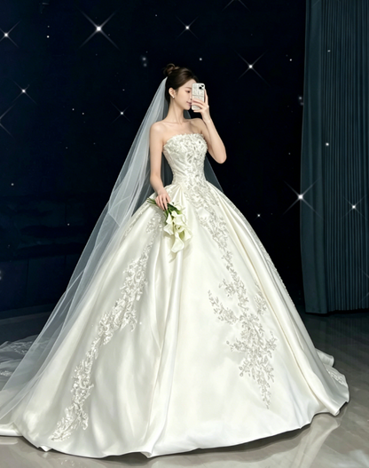 Prinzessin Brautkleid Ballkleid Trägerloses Spitzenweißes Hochzeitskleid Mit Applikationen Brautkleider Bescheidene Hochzeitskleider DH1764