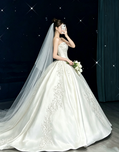 Prinzessin Brautkleid Ballkleid Trägerloses Spitzenweißes Hochzeitskleid Mit Applikationen Brautkleider Bescheidene Hochzeitskleider DH1764
