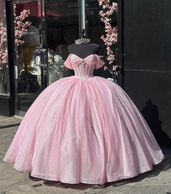 Modest Ball Gown Off The Shoulder Pink Tulle Long Quinceanera Dress Formal Gowns Vestido De 15 Anos Sweet 16 Dress DH1846