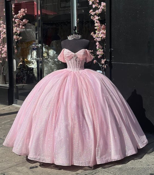 Modest Ball Gown Off The Shoulder Pink Tulle Long Quinceanera Dress Formal Gowns Vestido De 15 Anos Sweet 16 Dress DH1846