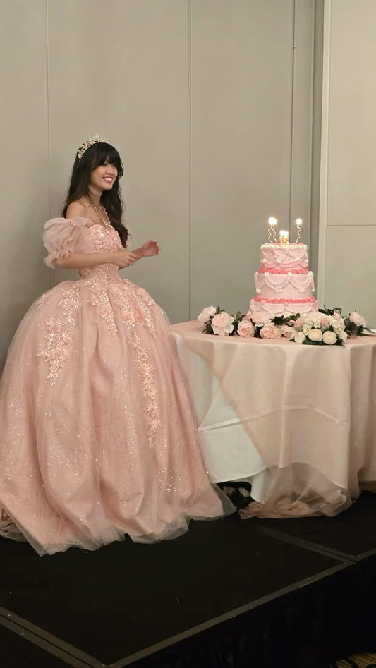 Modest Ball Gown Off The Shoulder Blush Pink Tulle Lace Long Quinceanera Dress Formal Gowns Vestido De 15 Anos Sweet 16 Dress DH1847