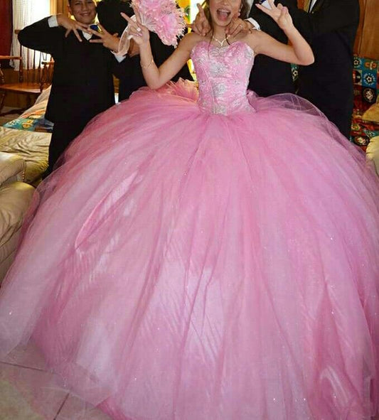 Pretty Ball Gown Sweetheart Pink Tulle Long Quinceanera Dress Formal Gowns Vestido De 15 Anos Sweet 16 Dress DH1852