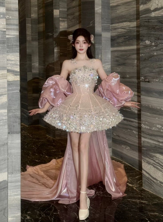 Sexy Ball Gown Scoop Neck Champagne Beads Sequin Mini Short Formal 8th Grade Homecoming Dresses Middle School Short Cocktail Dress Hoco Outfits DH1878
