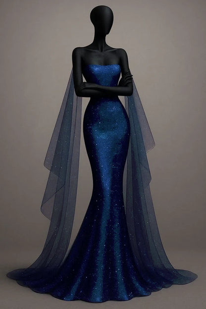 Sexy Mermaid Strapless Royal Blue Sequin Long Prom Dresses Party Dress 20th Birthday Outfits Graduation Dresses DH1881