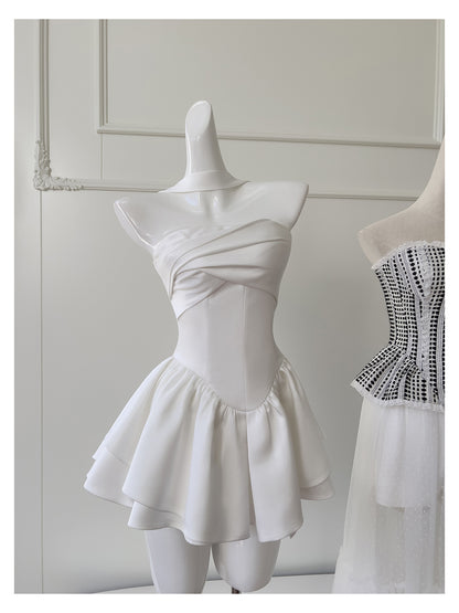 Pretty A Line Strapless Satin White Grad Dress Inspo Short Mini Formal 8th Grade Homecoming Dresses Middle School Hoco Court Dress Graduation Dress Cocktail Outfits DH1946