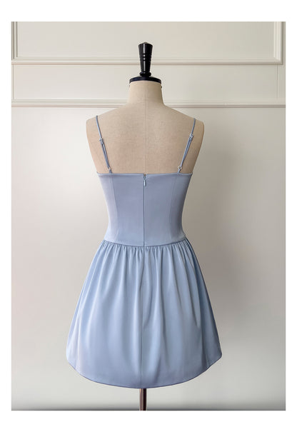 Cute A line Spaghetti Straps Satin Blue Short Grad Dress Inspo Short Mini Formal 8th Grade Homecoming Dresses High School Hoco Court Dress Graduation Dress 18th Birthday Outfits DH1947