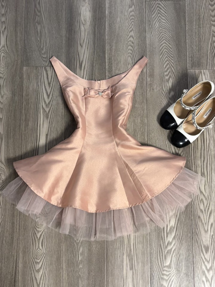 Cute A line Scoop Pink Satin Short Mini Formal 8th Grade Homecoming Dresses Middle School Short Cocktail Dress Hoco Outfits DH2082
