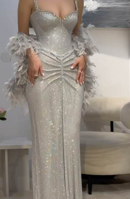 Robe de bal longue et sexy à bretelles sirène et paillettes argentées, tenue de soirée pour 20e anniversaire, robe de remise de diplôme, DH2217