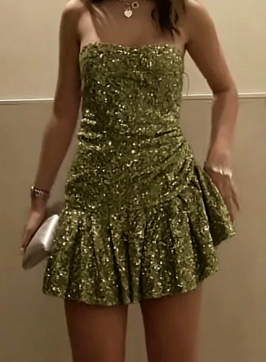 Robe fourreau bustier modeste à paillettes argentées, courte, formelle, de retour à la maison, tenue de collège, de 18e anniversaire, de remise de diplôme, de cocktail, DH2228