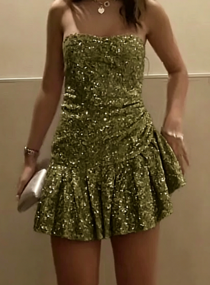 Robe fourreau bustier modeste à paillettes argentées, courte, formelle, de retour à la maison, tenue de collège, de 18e anniversaire, de remise de diplôme, de cocktail, DH2228