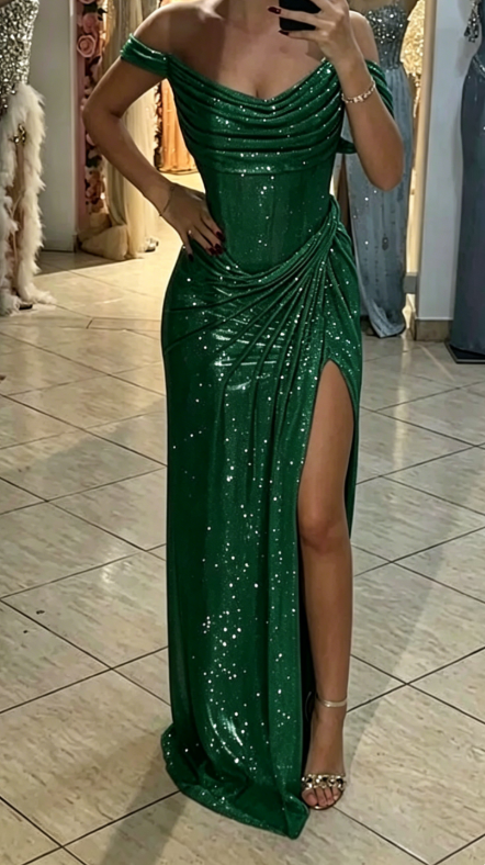 Sparkly Mermaid Off The Shoulder Blue Sequin Long Slit Evening Party Gowns Evening Dress Special Formal Dresses Prom Dress DH2318