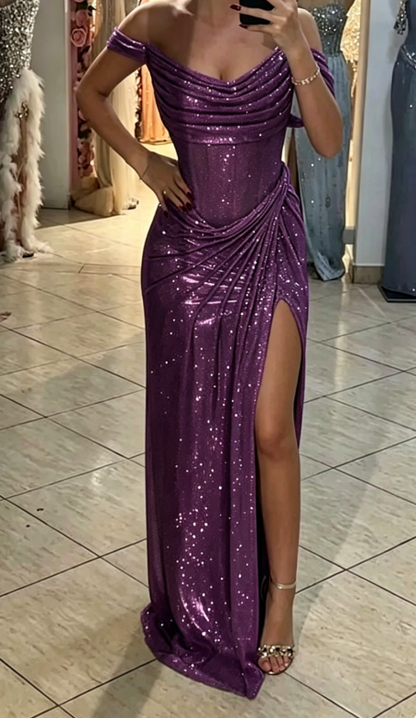 Sparkly Mermaid Off The Shoulder Blue Sequin Long Slit Evening Party Gowns Evening Dress Special Formal Dresses Prom Dress DH2318