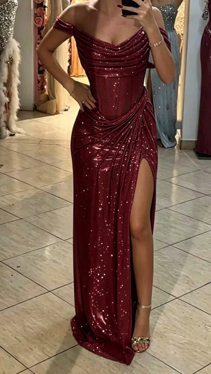 Sparkly Mermaid Off The Shoulder Blue Sequin Long Slit Evening Party Gowns Evening Dress Special Formal Dresses Prom Dress DH2318