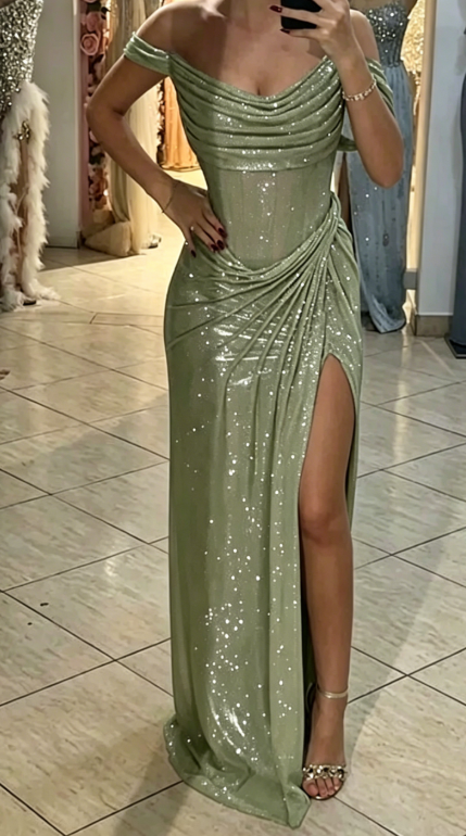 Sparkly Mermaid Off The Shoulder Blue Sequin Long Slit Evening Party Gowns Evening Dress Special Formal Dresses Prom Dress DH2318