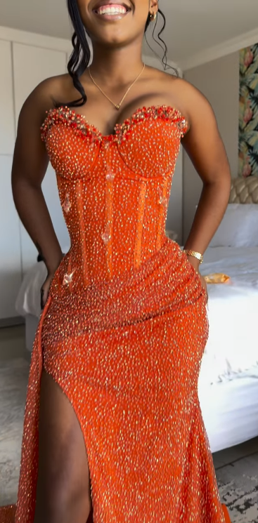 Sparkly Mermaid Sweetheart Orange Sequin Long Black Girl Evening Party Gowns Evening Dress Special Formal Dresses Prom Dress DH2337