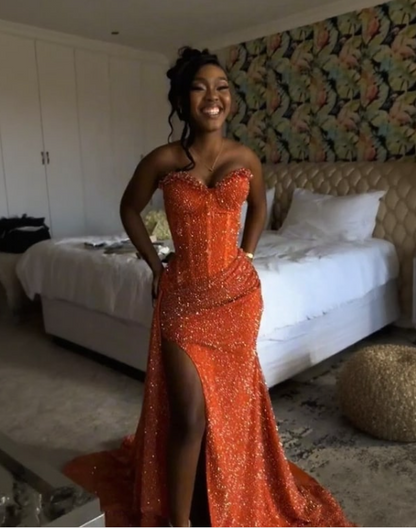 Sparkly Mermaid Sweetheart Orange Sequin Long Black Girl Evening Party Gowns Evening Dress Special Formal Dresses Prom Dress DH2337