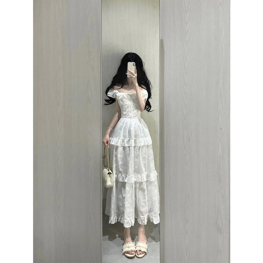 Vintage A line Square Neck White Lace Long Summer 18th Birthday Dress Party Dress Birthday Outfits Evening Dresses DH2408