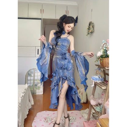Vintage Mermaid Spaghetti Straps Blue Long Summer 19th Birthday Dress Lolita Dresses Birthday Outfits DH2413