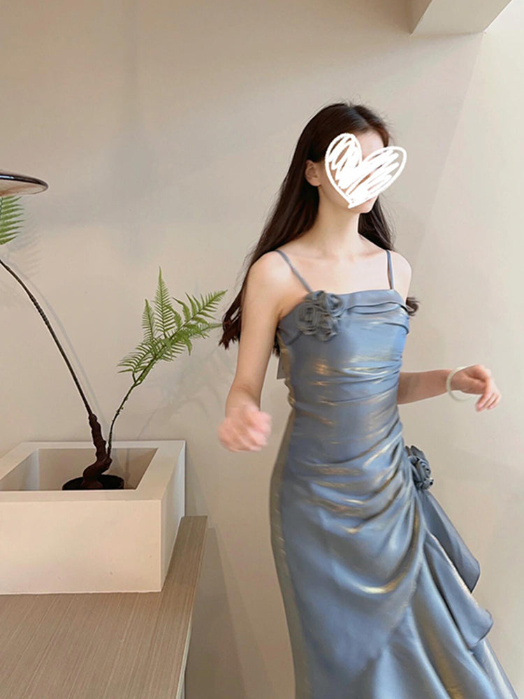Vintage Mermaid Spaghetti Straps Blue Long Summer 18th Birthday Dress Party Dress Birthday Outfits Evening Dresses DH2418