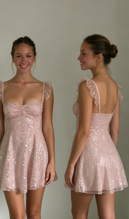 Robe de soirée trapèze à paillettes roses, tenue de soirée, de remise de diplôme, courte et mini, pour 18e anniversaire, DH2515