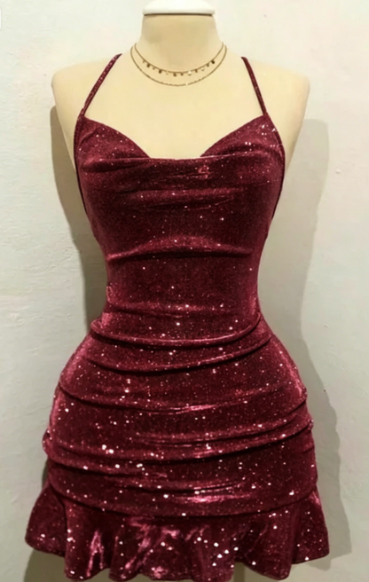 Sexy Sheath Halter Sequin Tight Grape Formal Homecoming Dresses 8th Grad Dance Graduation Dress Short Birthday Outfits Hoco Dresses DH2695