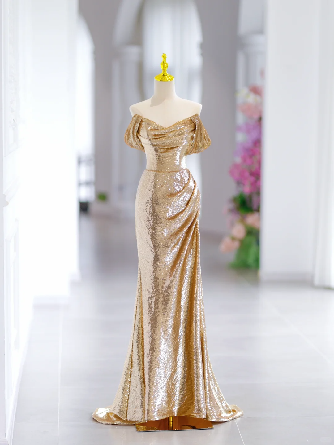 Modest Mermaid Off The Shoulder Gold Sequin Long Evening Party Gowns Evening Dress Special Formal Dresses Prom Dress DH2791