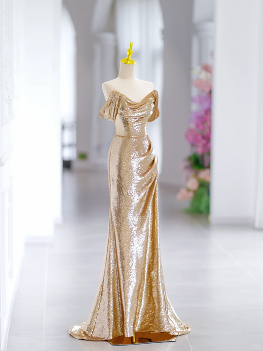 Modest Mermaid Off The Shoulder Gold Sequin Long Evening Party Gowns Evening Dress Special Formal Dresses Prom Dress DH2791