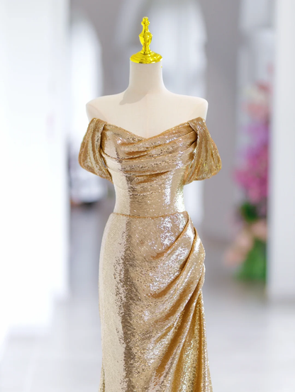 Modest Mermaid Off The Shoulder Gold Sequin Long Evening Party Gowns Evening Dress Special Formal Dresses Prom Dress DH2791