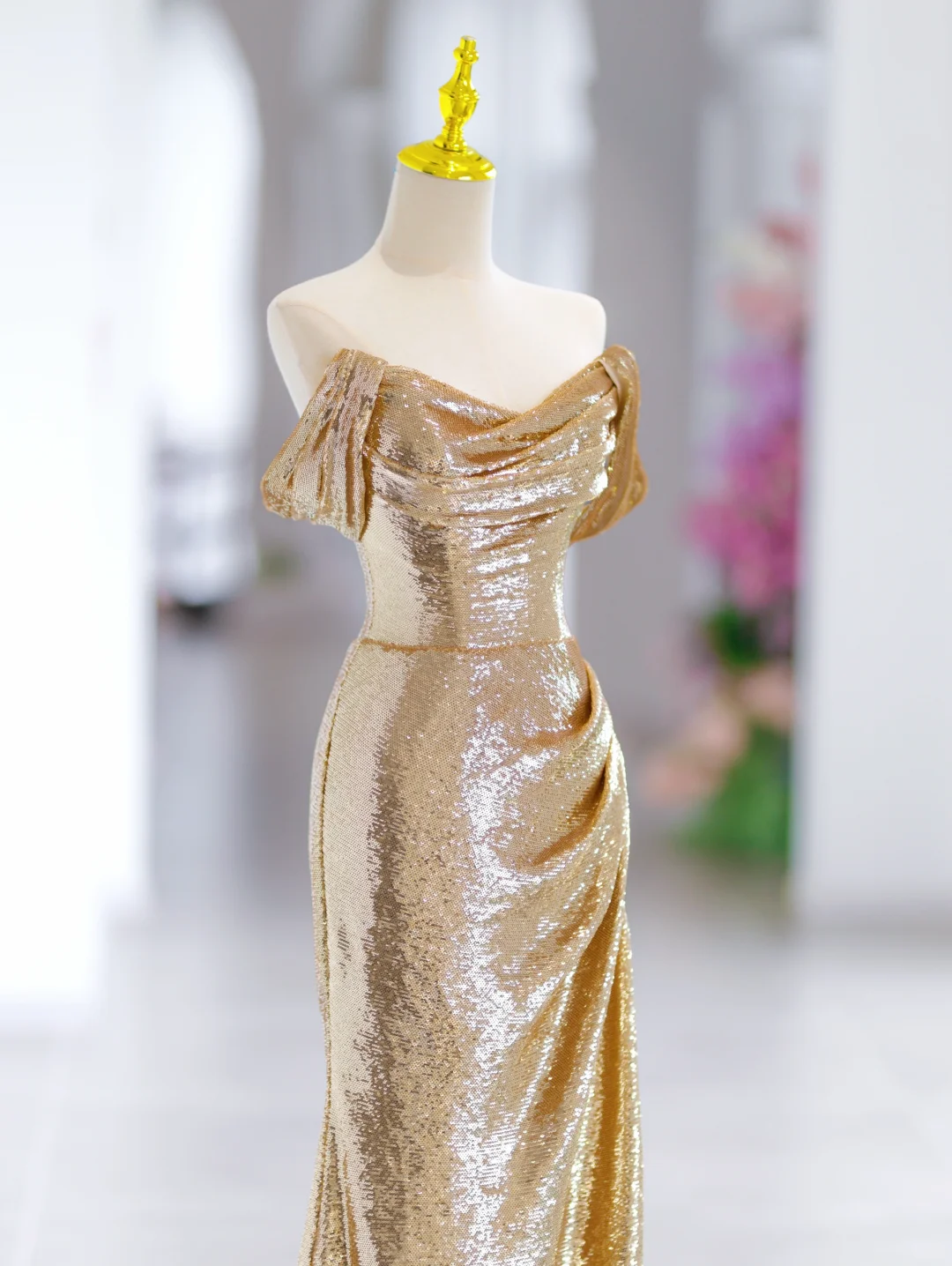 Modest Mermaid Off The Shoulder Gold Sequin Long Evening Party Gowns Evening Dress Special Formal Dresses Prom Dress DH2791