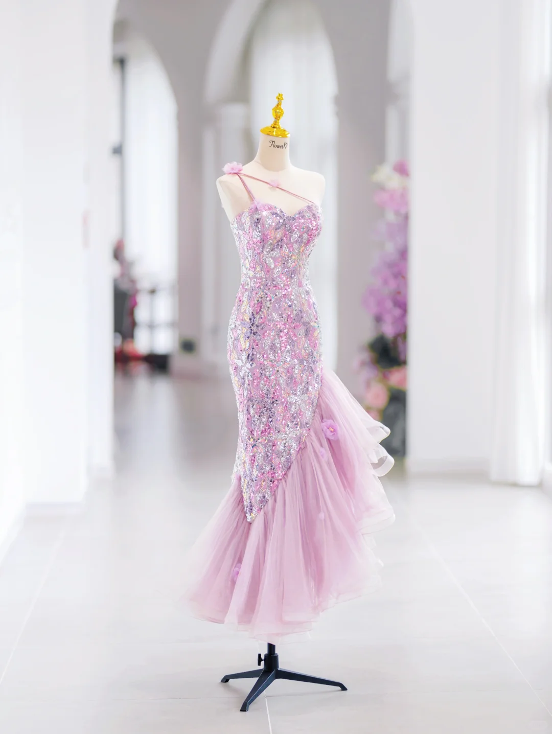 Modest Mermaid One Shoulder Pink Sequin Long Evening Party Gowns Evening Dress Special Formal Dresses Prom Dress DH2792