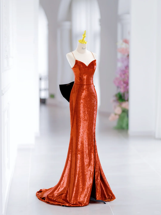 Modest Mermaid Spaghetti Straps Sequin Long Slit Evening Party Gowns Evening Dress Special Formal Dresses Prom Dress DH2796