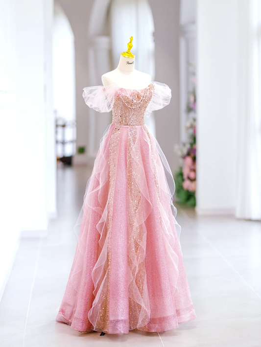 Cute A line Off The Shoulder Sequin Pink Tulle Long Evening Party Gowns Evening Dress Special Formal Dresses Prom Dress DH2798