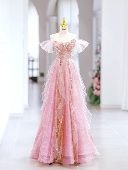 Cute A line Off The Shoulder Sequin Pink Tulle Long Evening Party Gowns Evening Dress Special Formal Dresses Prom Dress DH2798