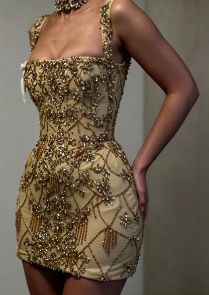 Jolie robe fourreau à col carré sans manches, courte et formelle, dorée, pour le bal de fin d'année, pour le collège, tenue d'été Hoco, DH444