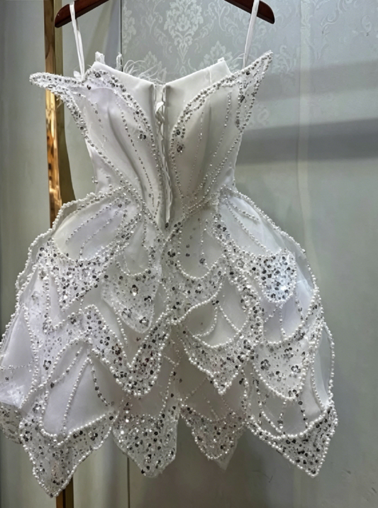 Pretty A line Sweetheart White Sequin Short Formal 8th Grade Homecoming Dresses Summer Middle School Hoco Dress 6th Grade Graduation Outfits DH446