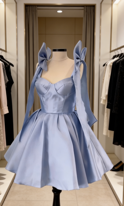 Robe courte fantaisie Hoco à bretelles spaghetti, robe de bal bleue, mini robe formelle de 8e année, tenue de retour à la maison d'été au collège DH56