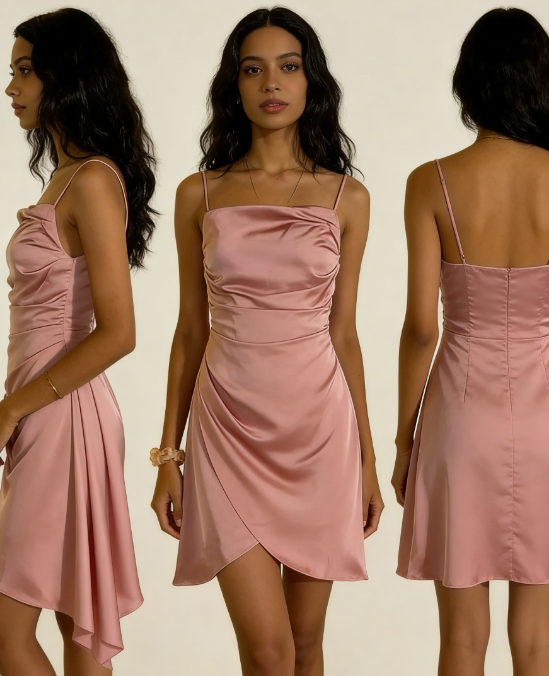 Sexy A-Linie Spaghettiträger Rosa Satin Mini Kurzes formelles Homecoming-Kleid für die 8. Klasse Sommer Mittelschule Hoco Kleid Homecoming-Outfits Geburtstagsoutfit DH686