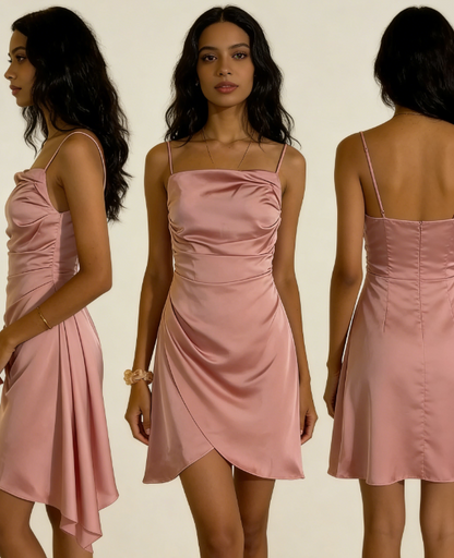 Sexy A-Linie Spaghettiträger Rosa Satin Mini Kurzes formelles Homecoming-Kleid für die 8. Klasse Sommer Mittelschule Hoco Kleid Homecoming-Outfits Geburtstagsoutfit DH686