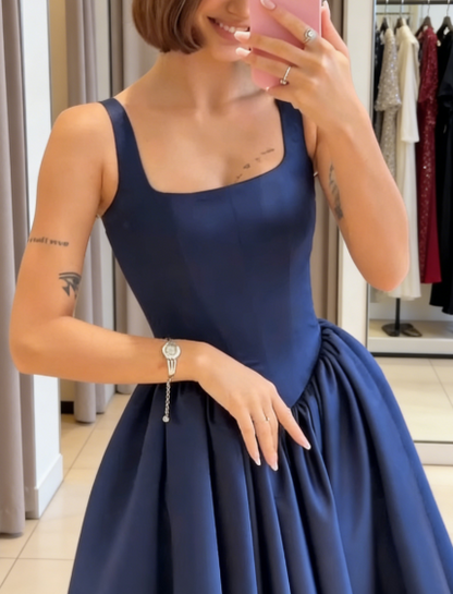 Navy Blue Sexy A-Line Long Prom Dresses Satin Straps Evening Dresses Sleeveless Birthday Dresses DP04395