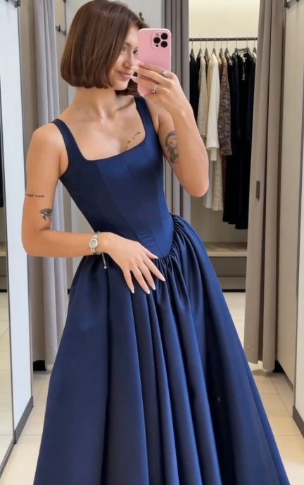 Navy Blue Sexy A-Line Long Prom Dresses Satin Straps Evening Dresses Sleeveless Birthday Dresses DP04395