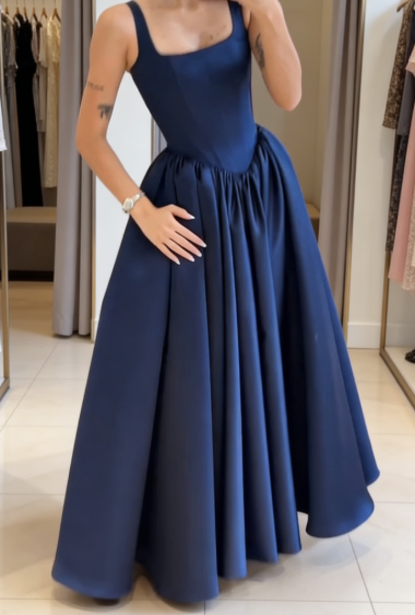 Navy Blue Sexy A-Line Long Prom Dresses Satin Straps Evening Dresses Sleeveless Birthday Dresses DP04395