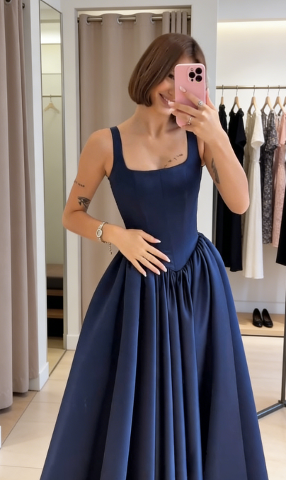 Navy Blue Sexy A-Line Long Prom Dresses Satin Straps Evening Dresses Sleeveless Birthday Dresses DP04395