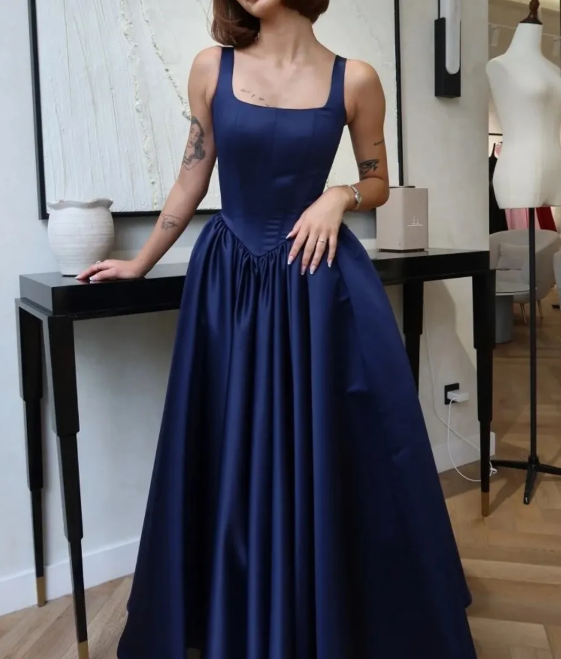 Navy Blue Sexy A-Line Long Prom Dresses Satin Straps Evening Dresses Sleeveless Birthday Dresses DP04395