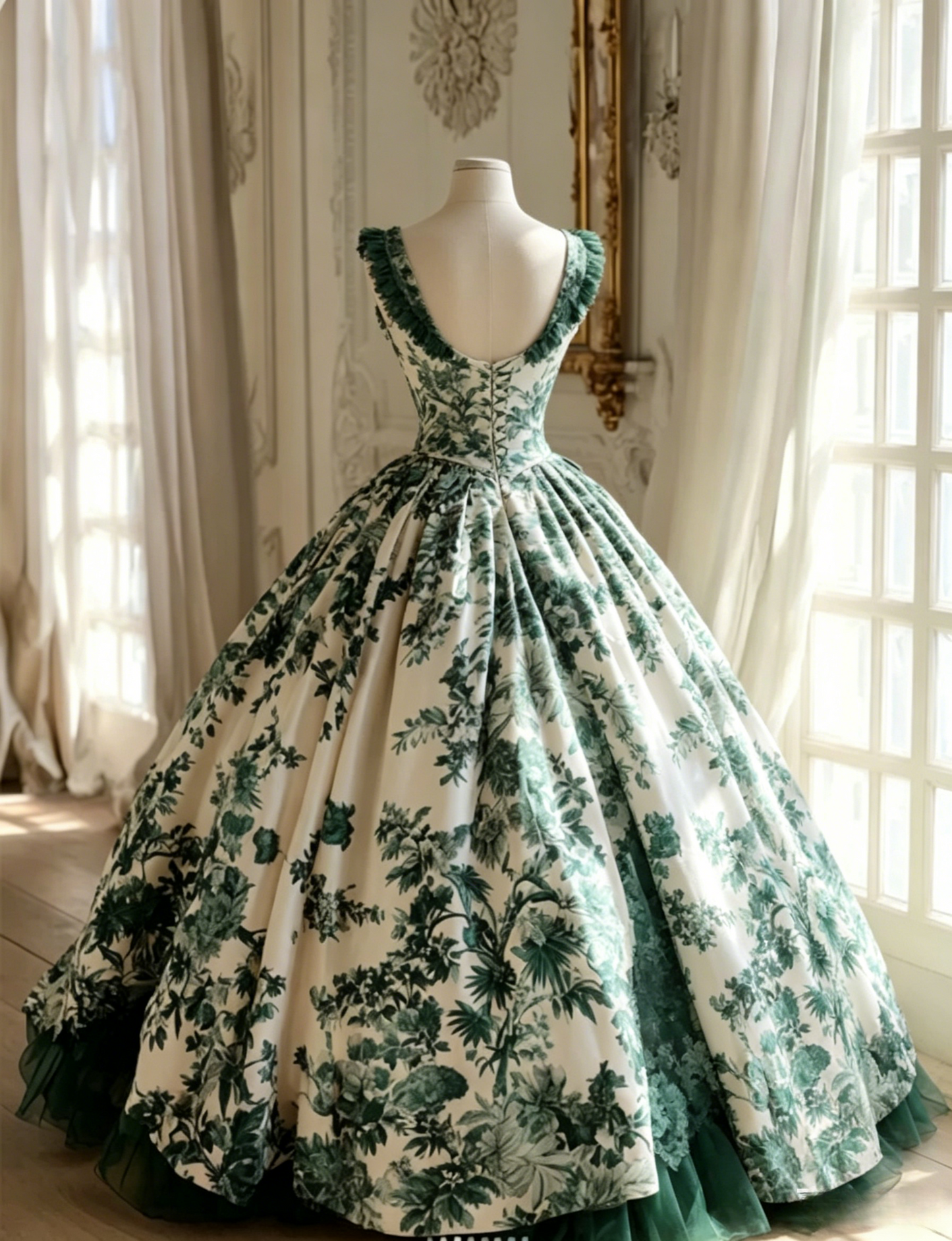 Gorgeous A-Line  Long Prom Dresses Tulle Floral Green Evening Dresses Straps Birthday Dresses DP04676