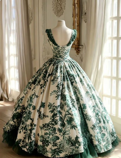 Gorgeous A-Line  Long Prom Dresses Tulle Floral Green Evening Dresses Straps Birthday Dresses DP04676