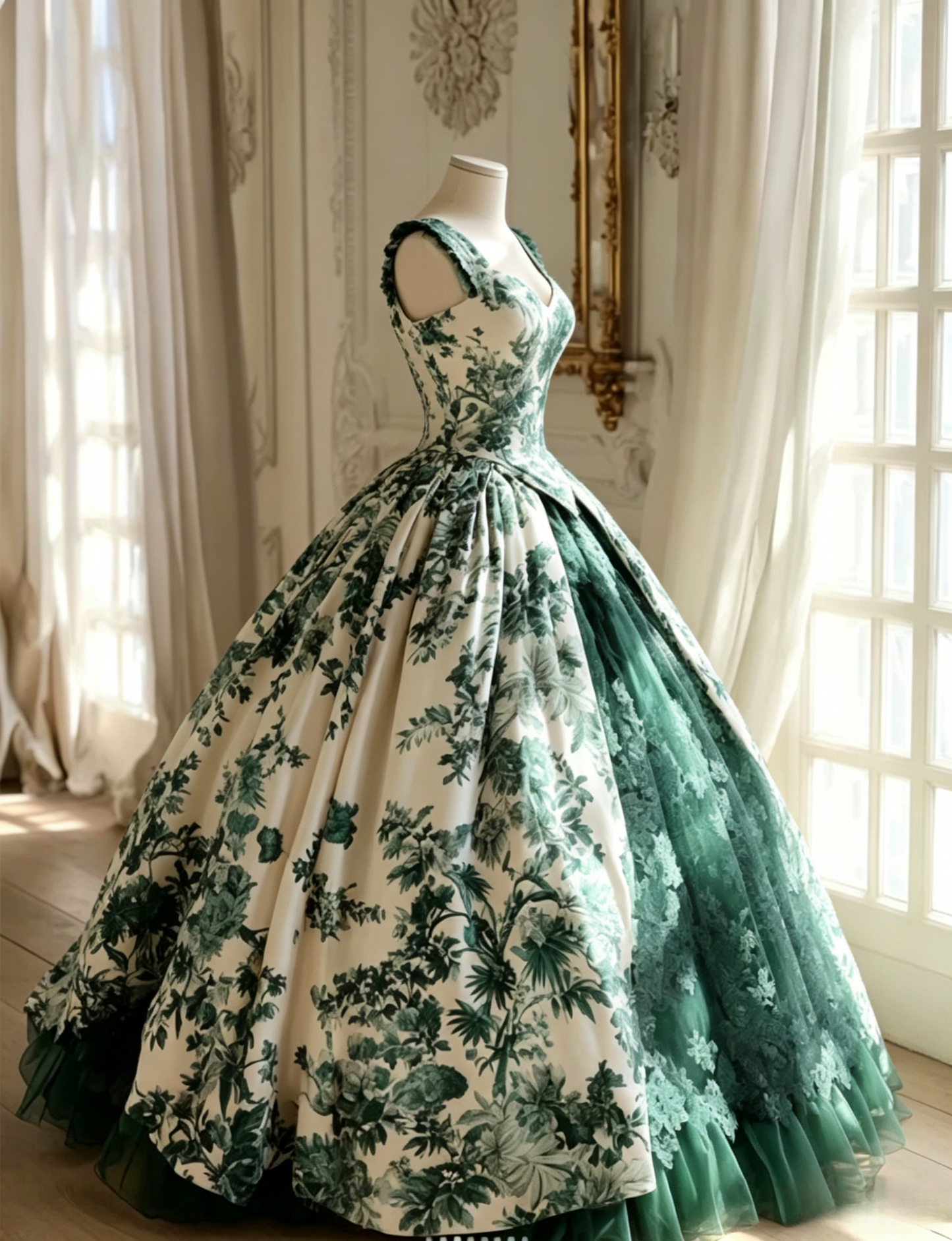 Gorgeous A-Line  Long Prom Dresses Tulle Floral Green Evening Dresses Straps Birthday Dresses DP04676